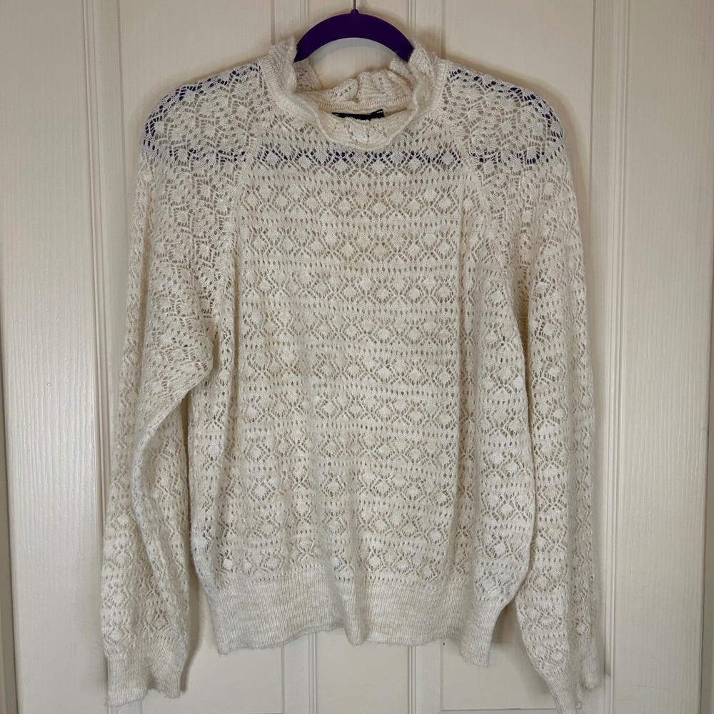 Mango MNG Cream White Lace Mock Neck LS Sweater Knit Top Fisherman Coastal
